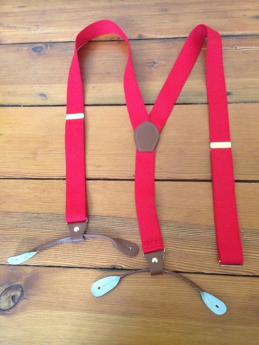 Vintage Red Elastic Leather Loops Mens Adjustable Suspenders Braces